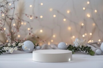 Elegant empty round podium for product presentation with decorative elements and soft lighting in a festive setting during the holiday season.