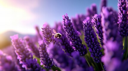 Obraz premium A bee gathers pollen from a field of lavender flowers, bathed in golden sunlight.