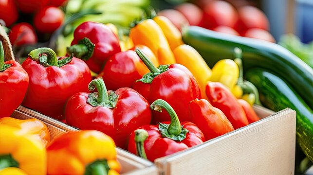 Colorful bell peppers in a wooden box at a vibrant market, showcasing fresh produce and the beauty of natural food.