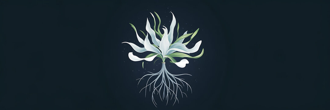 White flower with green leaves and gray roots on dark blue background  minimalist botanical illustration  nature and growth concept   
