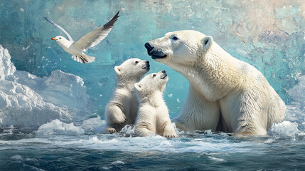 Polar bear plays with cubs. Seagulls and lots of snow nearby