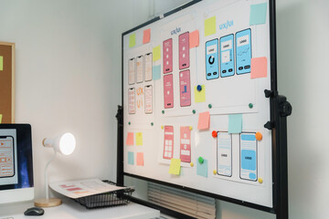 Sketches of mobile user interface are attached to whiteboard with colorful sticky notes in ux...