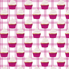 Seamless pattern cupcake with cream, sweetness dessert. Muffin. Flat style. Birthday, holiday, congratulations, concept of invitation. Vector illustration for banner, postcard, packaging