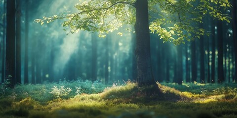 Obraz premium A tranquil forest scene with a solitary tree, bathed in morning sunlight, illustrates nature's peaceful serenity.
