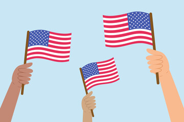 Diverse people hands raising flags of USA. Vector illustration of US flags in flat style on blue background.