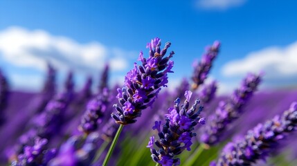 Fototapeta premium Close-up of purple lavender flowers blooming in a field on a sunny day.