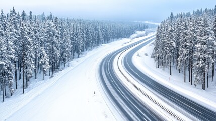 Obraz premium A snow plow truck navigates a deserted highway in Canada, effectively removing snow amid blowing winds and winter conditions