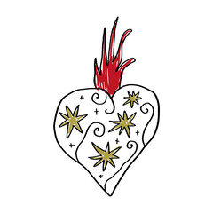 Southern gothic aesthetic hand-drawn religious isolated heart. Brush, ink decor element. Valentine's day card, pattern element and love symbol. Vector, clip-art.