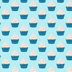 Seamless pattern cupcake with cream, sweetness dessert. Muffin. Flat style. Birthday, holiday, congratulations, concept of invitation. Vector illustration for banner, postcard, packaging