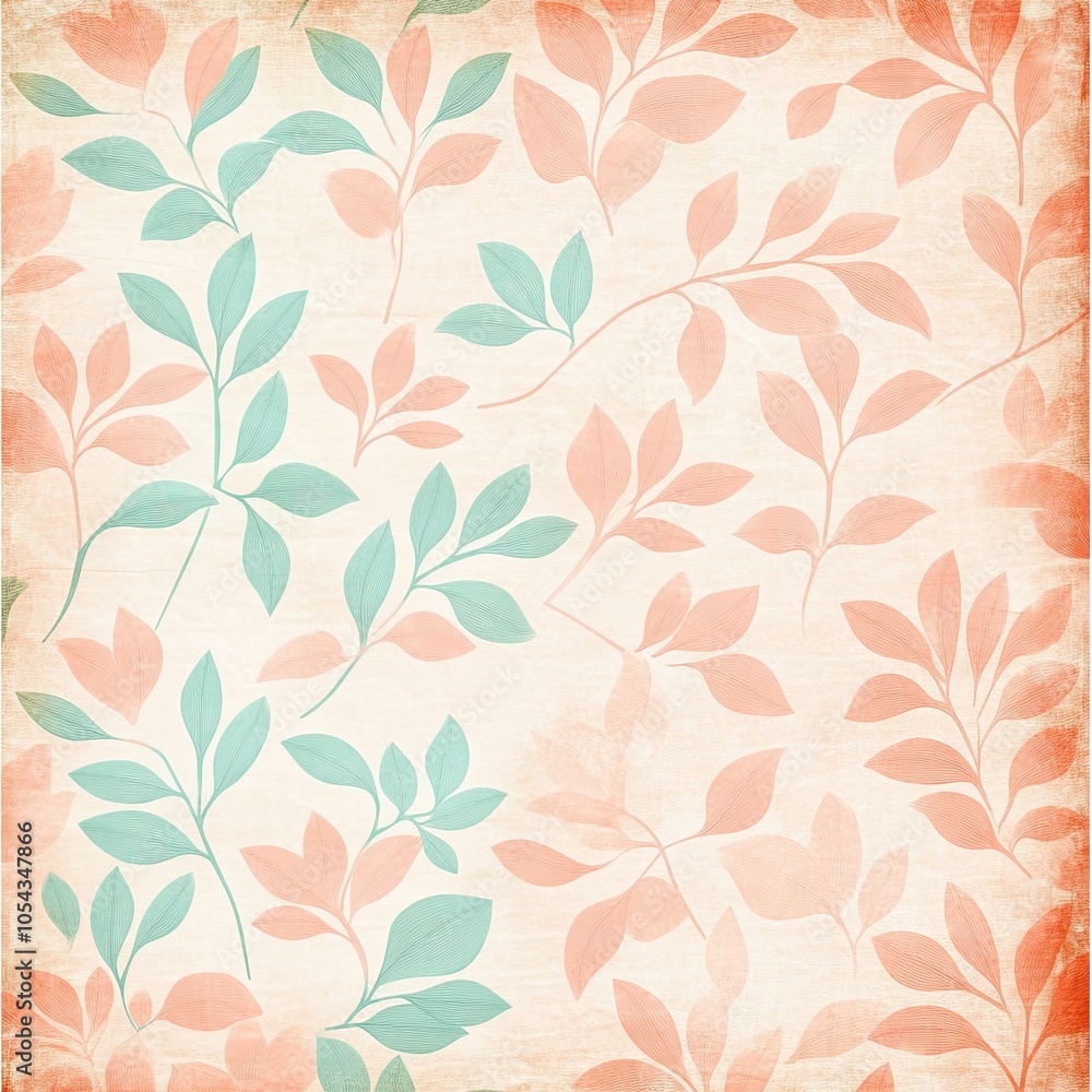 Poster elegant floral pattern featuring soft peach and teal leaves on a textured background, perfect for ba