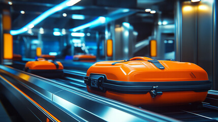 Fototapeta premium Orange Suitcase On Airport Baggage Claim Conveyor Belt