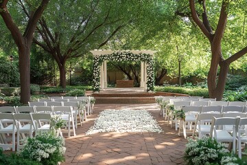 Fototapeta premium Serene outdoor wedding ceremony held in a lush forest clearing featuring a wooden pavilion and simple greenery decor with rows of white chairs set on a gravel path