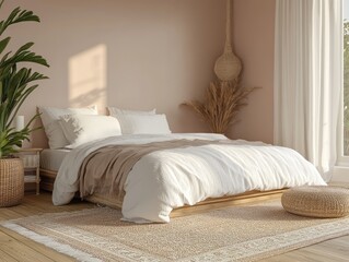 Guest room with dusty pink walls, a white bed, and neutral-colored accessories