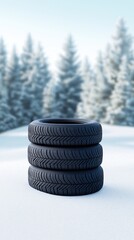 Winter tires standing on snow in front of snowy pine trees