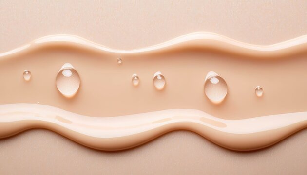 Luxurious foundation texture in beige, creamy waves with natural highlights and dewy droplets