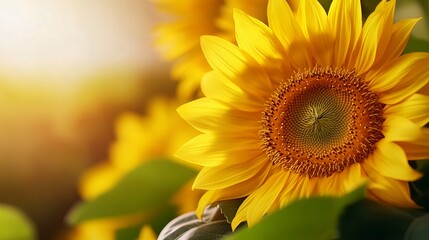 Fototapeta premium A bright yellow sunflower blooms in a field, basking in the warm sunlight.