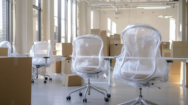 Office Move  Wrapped Chairs  Empty Room  Relocation  Boxes  Furniture