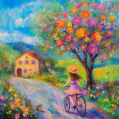 Wall painting with a flowering tree, the house and the girl on the bicycle