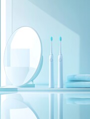 two electric toothbrushes, towels and mirror