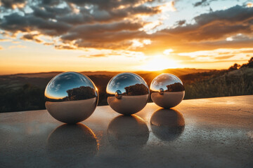 This image showcases three highly reflective spheres resting on a table, capturing the vibrant hues of the sunset sky in their mirrored surfaces, all set in a serene atmosphere.