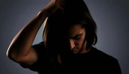 Fototapeta premium Bullying concept with silhouette thumb down. Sad young man. The guy keeps his hand on his head, upset. Prep Student with long hair. Psychological pressure, stress, crisis isolated with white highlig