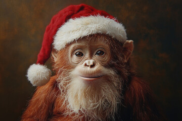 A charming orangutan wearing a Santa hat, evoking festive joy and warmth, with its wide smile inviting viewers into a world of whimsy and cheerfulness.