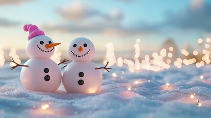Obraz premium Two happy snowmen in a snowy field with holiday lights and bokeh effect, warm Christmas mood