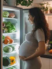 pregnant woman looking inside the refrigerator