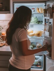 pregnant woman looking inside the refrigerator