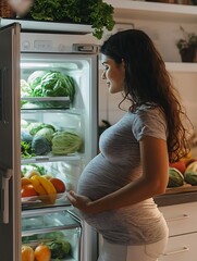 pregnant woman looking inside the refrigerator