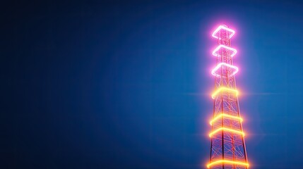 Obraz premium Illuminated radio tower glowing with vibrant pink and orange lights against a dark blue background, showcasing modern technology.
