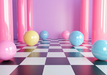 3D rendering of pastel-colored spheres and cylinders on a checkered floor. 