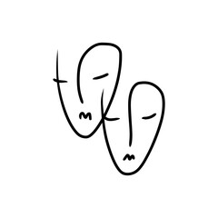 Modern abstract minimalistic continuous faces couple portrait. Linear ink brush face. Line art contemporary continuous cubism painting. Fashion style black and white abstraction poster. Vector