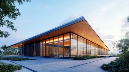 Fototapeta premium Modern architectural design featuring a glass and wood structure set against a serene backdrop. Ideal for contemporary themes.