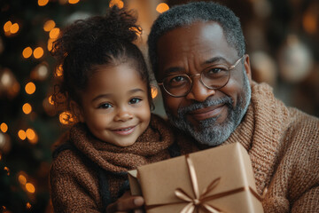 Obraz premium African American grandfather and child opening Christmas gift together