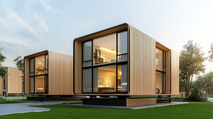 Modern modular houses featuring sleek design and large windows, surrounded by lush greenery, perfect for contemporary living.