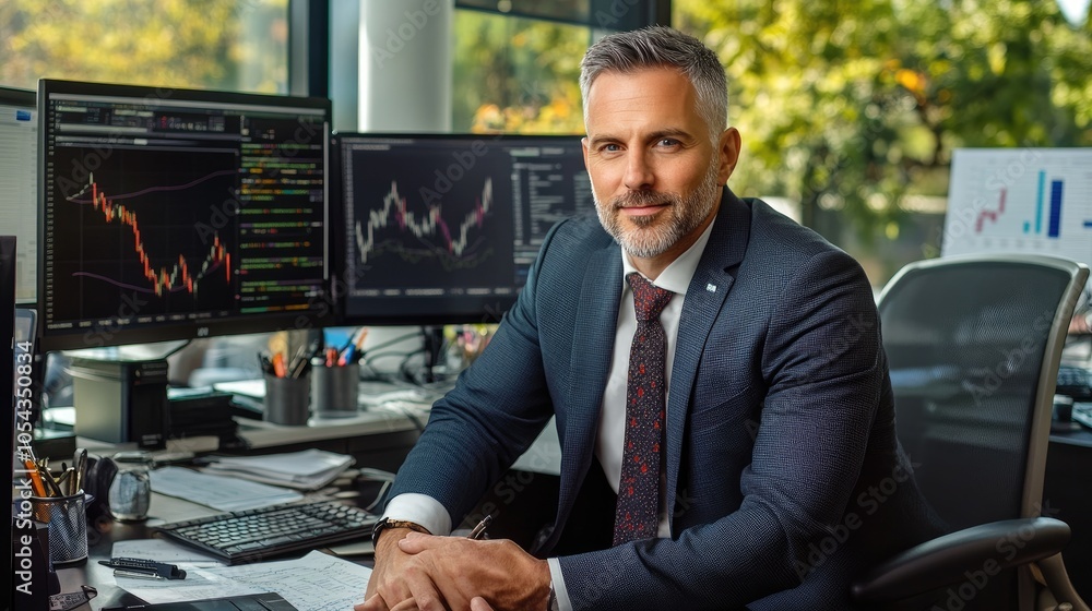 Poster professional man in business suit at desk, analyzing stock market data on multiple computer screens 
