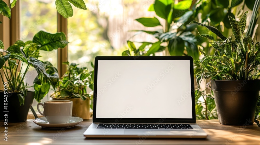 Poster a workspace features a laptop with a blank screen, placed on a wooden table.