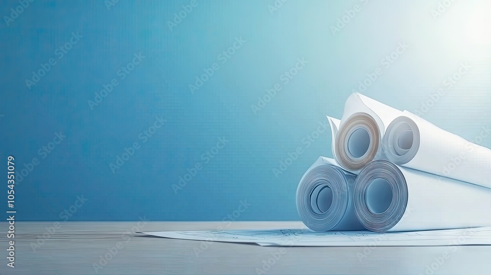 Poster close-up view of architectural blueprints and rolled plans on a clean surface, perfect for design pr