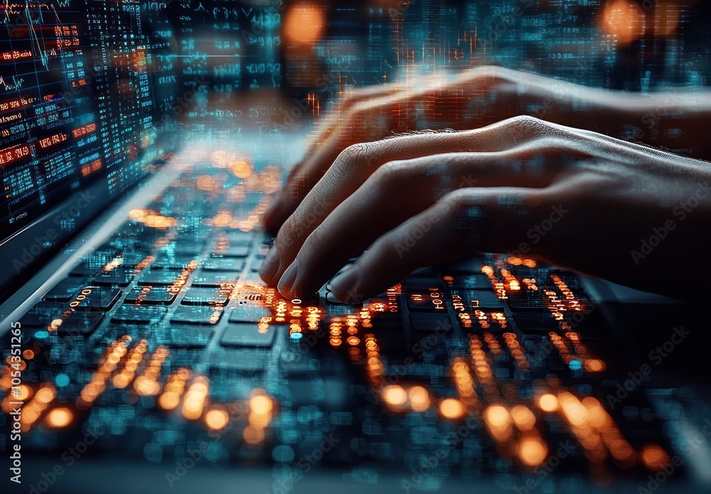 Poster hands typing on a laptop with a digital glitch overlay