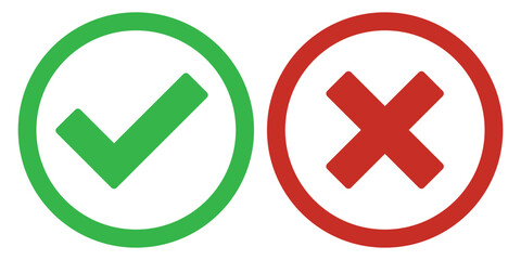 Tick and cross signs. Green tick OK and red X cross. YES and NO. False and true, right and wrong. Correct and incorrect, accept and reject. Digital content