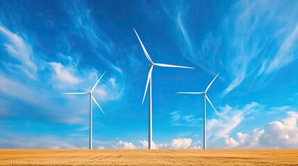Three wind turbines stand tall against a vibrant blue sky, symbolizing renewable energy and sustainable future.