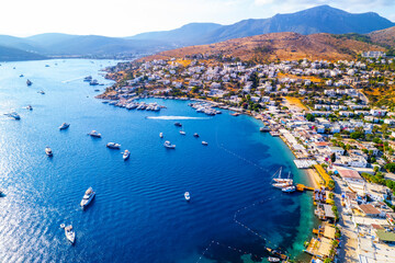 Turkbuku Bay of Bodrum. Mugla, Turkey. Aerial panoramic view of Turkbuku (Golturkbuku). Drone shot.