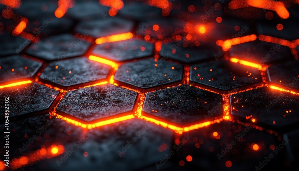 Poster Glowing Orange Lines on Dark Hexagonal Pattern
