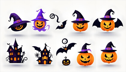 Collection of 3D icons of halloween pumpkins, bat icons, ghosts, witch hats, spider webs, skulls, old haunted houses on clean backgrounds