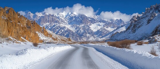 Obraz premium A winding road through snow-covered mountains in a breathtaking landscape.