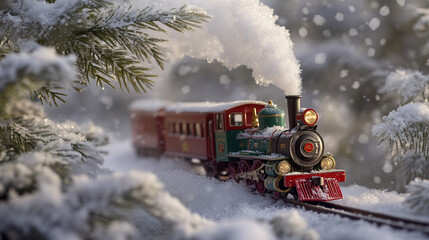 Vintage Steam Train in Snowy Forest Landscape