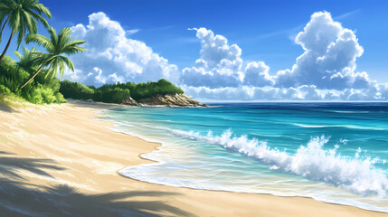 Fototapeta premium Sandy beach with crystal clear blue waters , sand, sea, beach, ocean, waves, shore, coastline, vacation, tropical. Crystal Blue Waters. Illustration