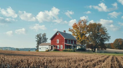 Obraz premium Rustic farmhouse with a red barn and wide-open fields, showcasing rural lifestyle and simplicity