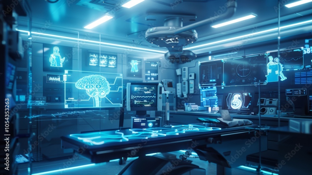 Poster futuristic operating room is equipped with advanced technology, displaying brain scans and patient d